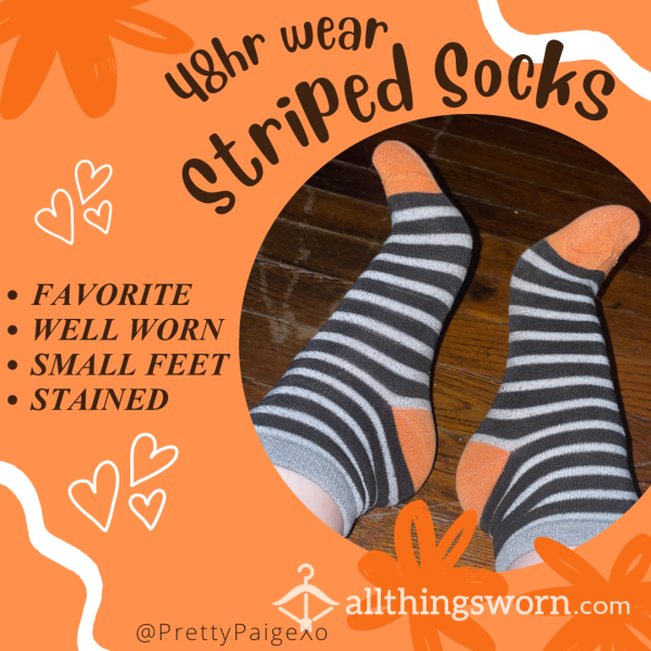 OLD & Well-worn Striped Socks 🖤 Cotton, Above Ankle — 48hr Wear 🧡