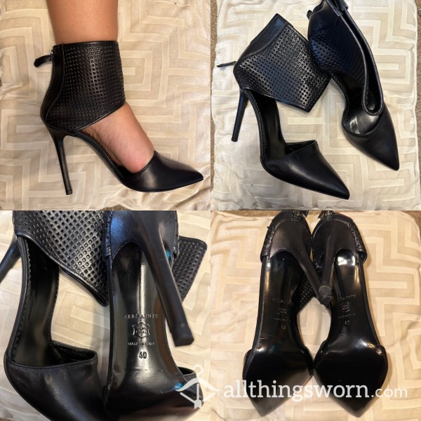 🍷UK 7|👠Designer All Saints Worn Black Leather Heels🖤