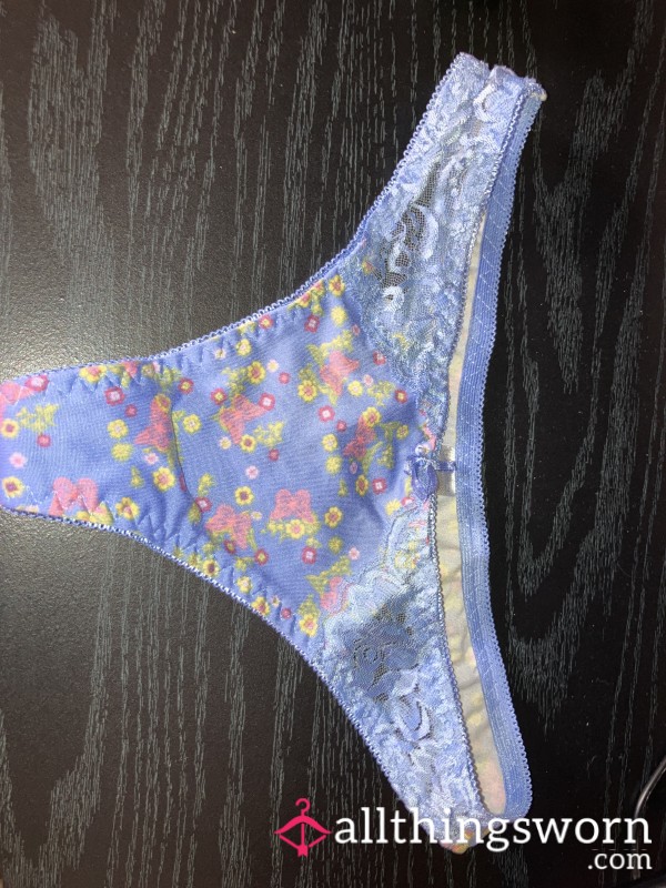 1 Week Wear , Buy And  Light Blue Flor*l Design Thongs With Blue Lace In The Front ,little Bow And A Tiny Pearl In The Center