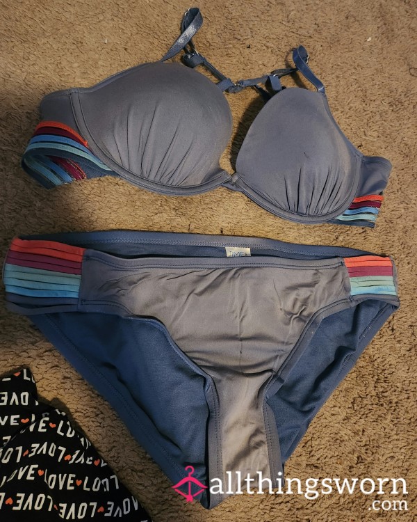 2 Piece Bikini Swimsuit Grey Blue 24 Hour Wear Well Worn