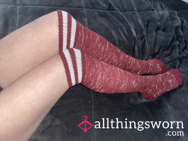 Week Worn Red Over The Knee Socks