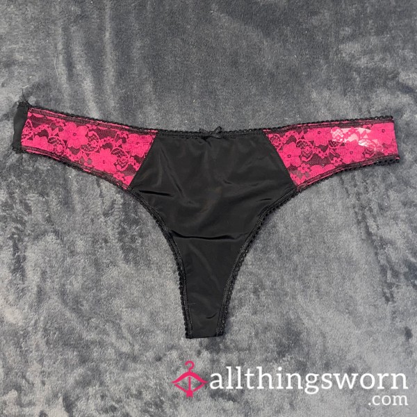 #3 Black Nylon With Wine Lace Thong