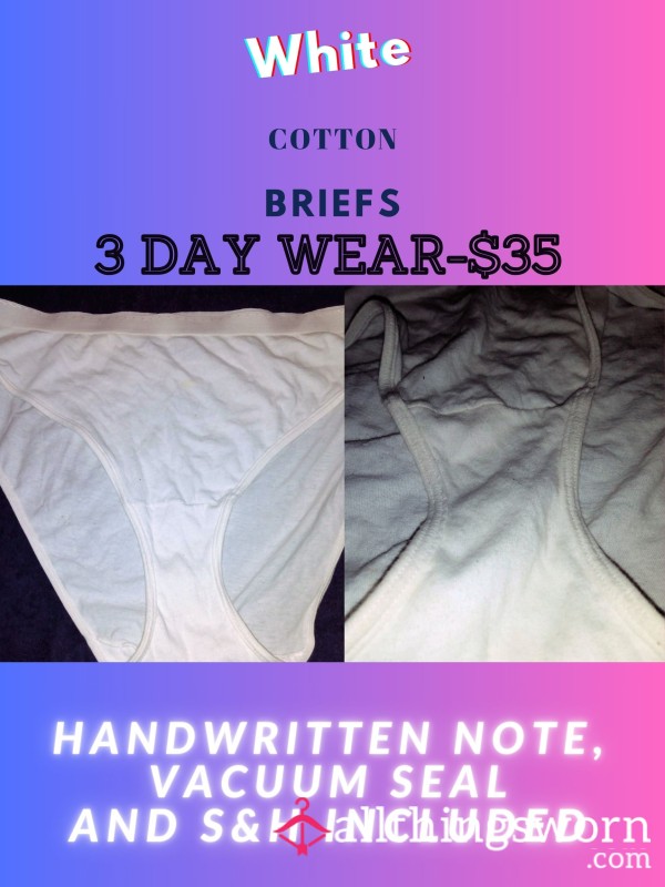 3 Day Wear White Cotton Briefs W/ Vacuum Seal & Shipping Included