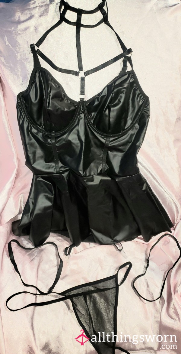 3 Peice Black Polyester Lingerie Set