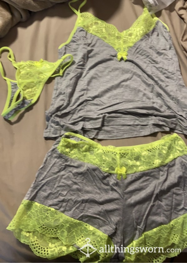 3 Piece Lingerie Set! -Lime Green Lace