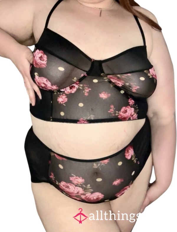 🌸 Black Mesh Flor*l Pinup Style Plus Size Lingerie Set 🌸