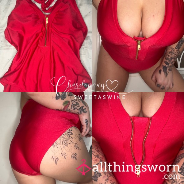 🍷UK 18|💦One Piece Halterneck Red With Gold Faux Zip Swimsuit❤️