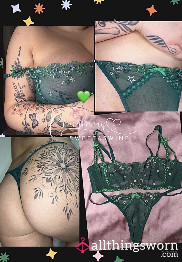 🍷34C Bra/L G-String|✨Emerald Green Stars & Ribbon Lingerie Set🎀💚