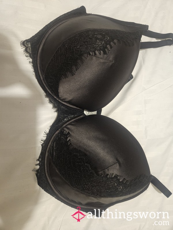 38F Black Satin And Lace Padded Bra. Worn