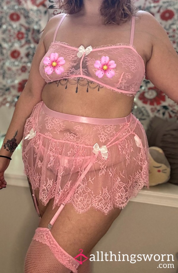 4 Piece Pink Lace Lingerie Set