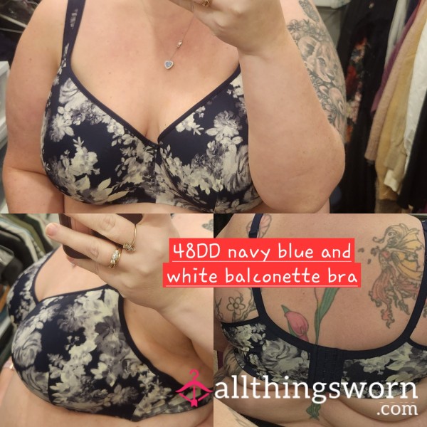 48DD Navy Blue And White Flor*l Balconette Bra With 5 Day Wear