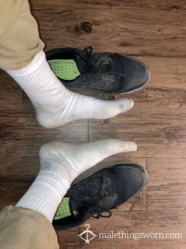 WORN FOR WEEK STRAIGHT - STINKY SWEATY WHITE CALF SOCKS - GYM AND OFFICE WORK