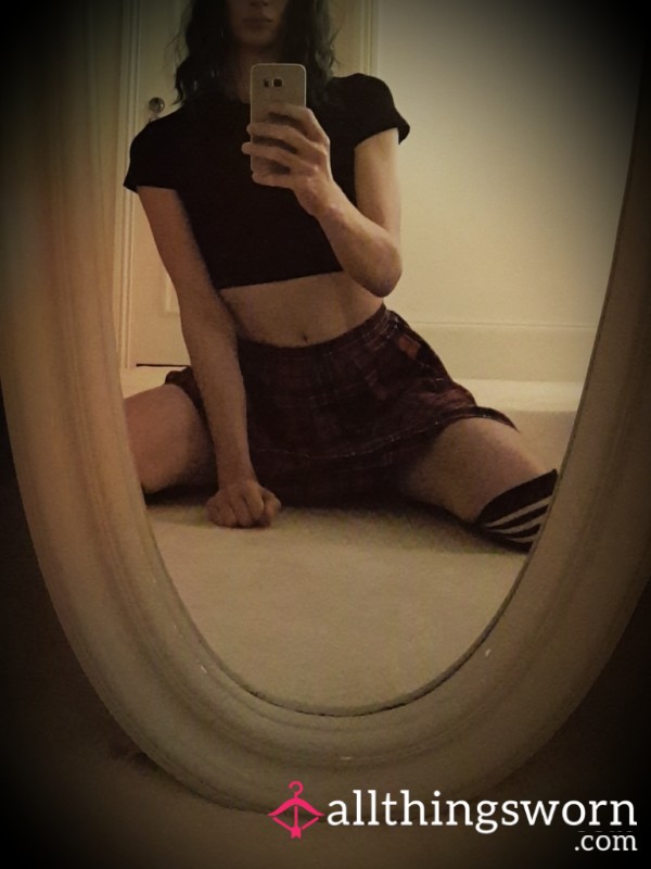 Alternative Tgirl In Cute Red Tartan Skirt, White Panties And Thigh High Socks Teases You In The Mirror 😈😈😈