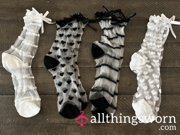 B & W Nylon Socks With Bows 🎀 - Stripes & Hearts 🖤🤍 48hrs+ Custom Wear