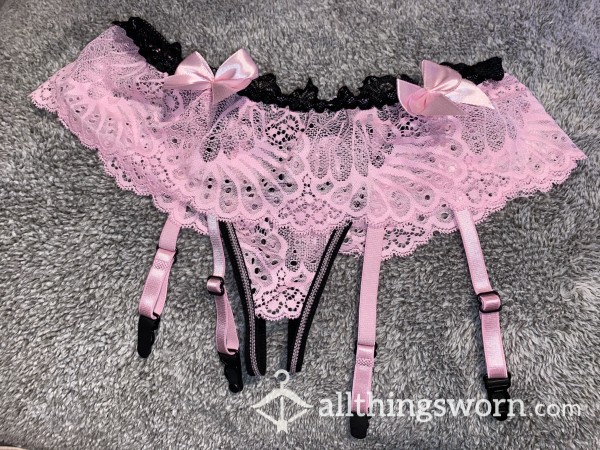 Baby Pink And Black Open Crotch Panties| S**y Lace And Bow Accents | Small