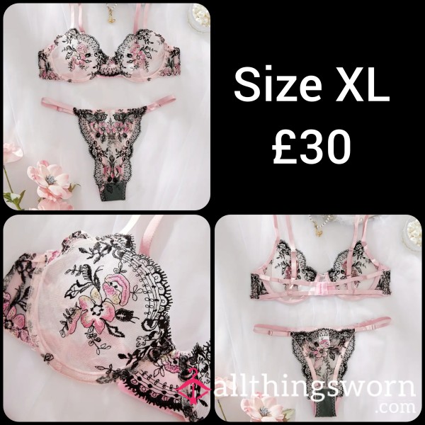 Baby Pink, Black Bra & Thong 16 / XL