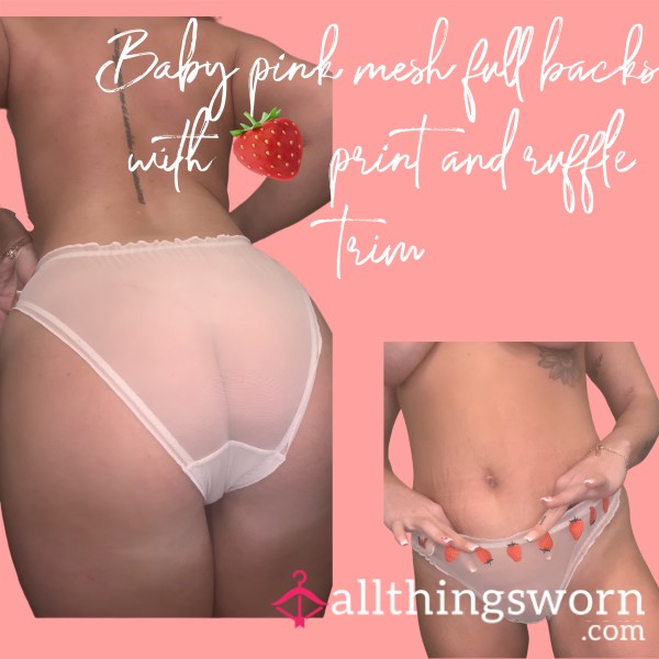 Baby Pink Mesh Fullbacks, With 🍓 Print And A Ruffle Trim