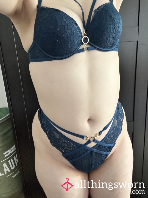 Beautiful Well Worn Dark Blue Lingerie Set With Golden Highlights