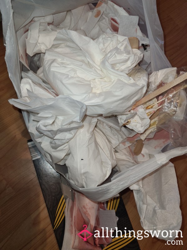 Bin Bag Containing My Trash, Including Wax Strips, Spatulas,  Ear Buds, Gloves, Tissues, Tinting Stained Pads, Used Cotton Pads , Dirty Things