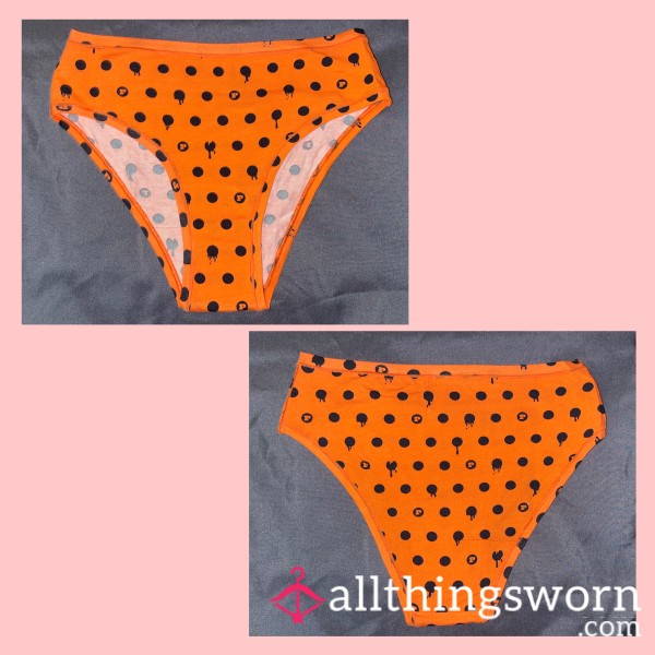 BLACK AND ORANGE “VS PINK” POLKA DOT CHEEKY COTTON FULLBACK PANTIES MEDIUM - WORN FOR 24 HOURS 💦