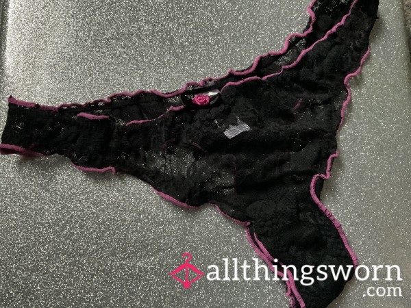 Black And Pink Frill Lace Thong