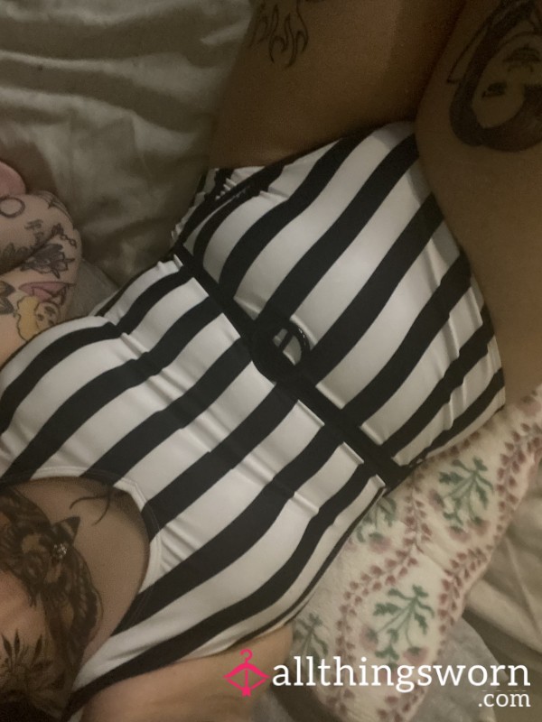 Black And White Striped Swimming Costume