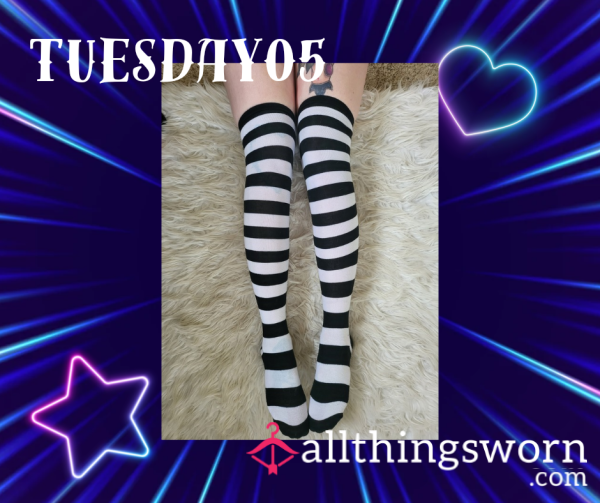 Black And White Striped Thigh High Socks 🖤