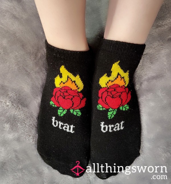 Black Ankle Socks " Brat " Design