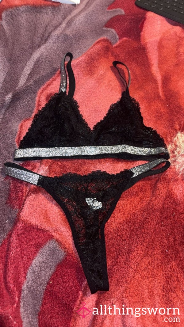 Black Bra And Thongs With Glittery Waistband