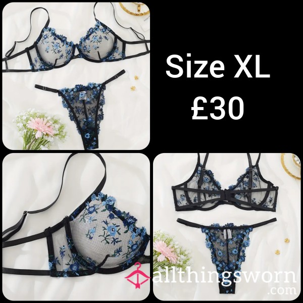 Black Bra & Thong Set With Blue Flowers Sz 16 / XL