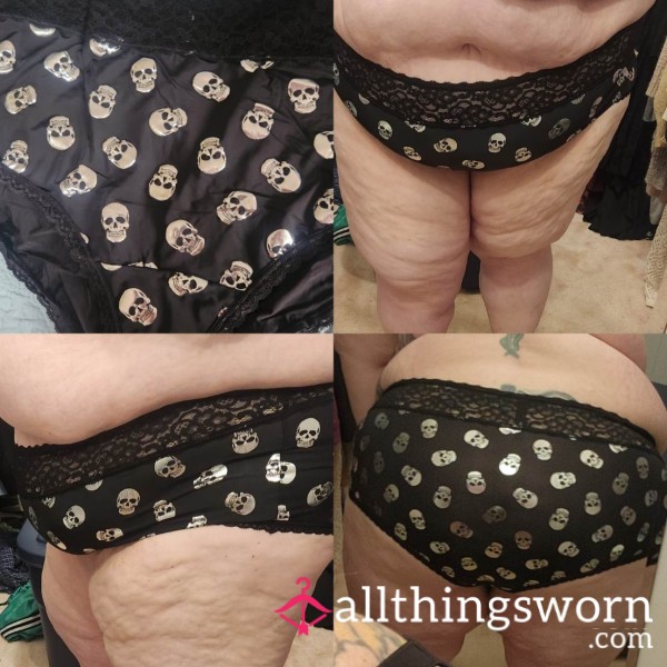 Black Cheeky Panty With Shiny Silver Skulls