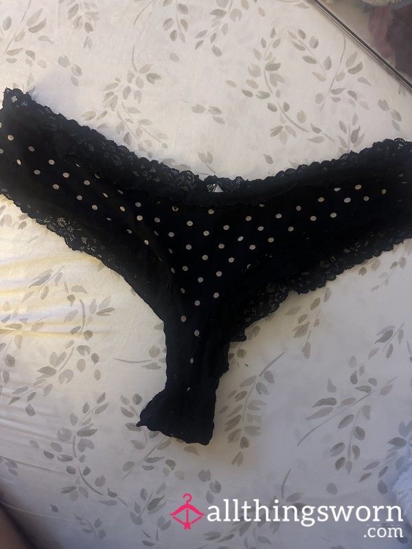 Black Cheeky Polkadot Panties W Lace Trim