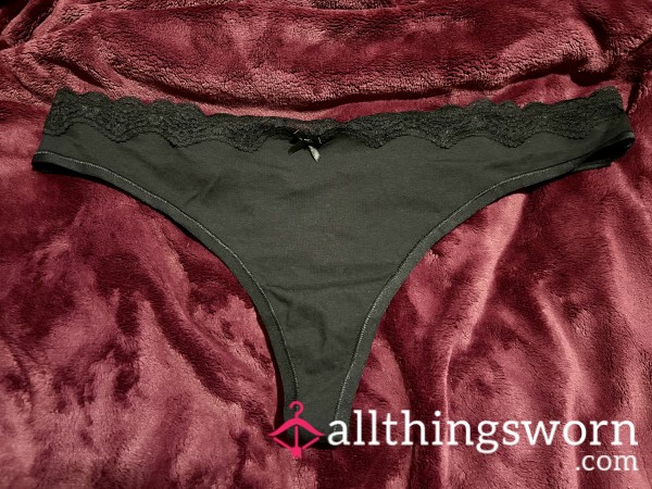 ~BLACK COTTON LACE TRIM THONG~