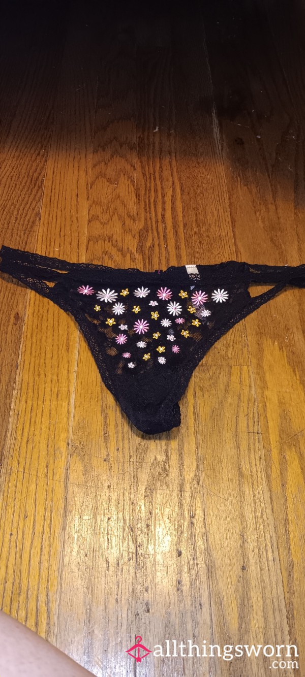 Black Daisy Print Lace PINK Thong- Size L