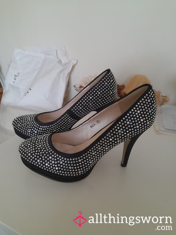 Black Diamante Heels Size 4.