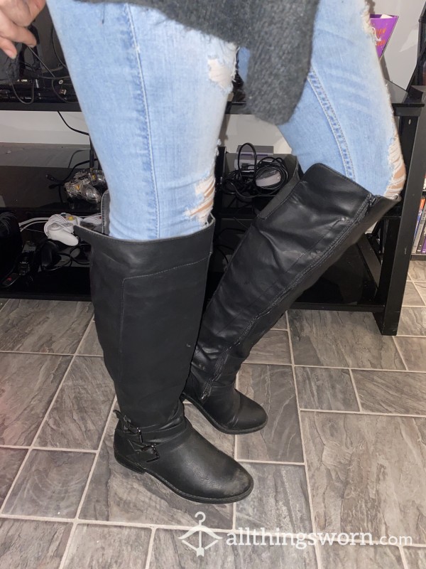 Black Faux Leather Knee High Boots