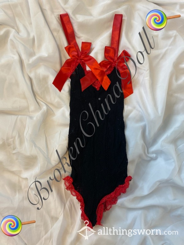 Black Fishnet W/ Red Trim Teddy Lingerie