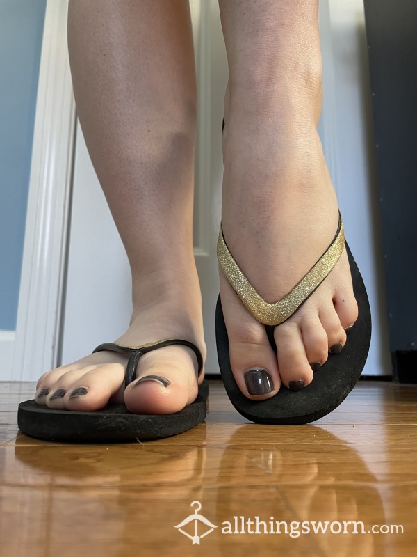 Black Flip Flops With Gold Straps