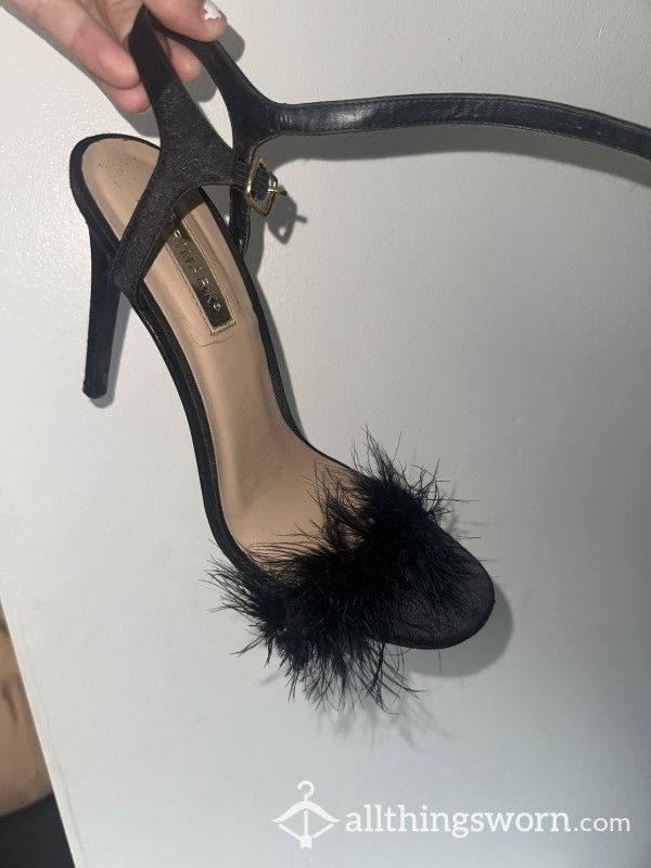 Black Fluffy High Heels Well Worn