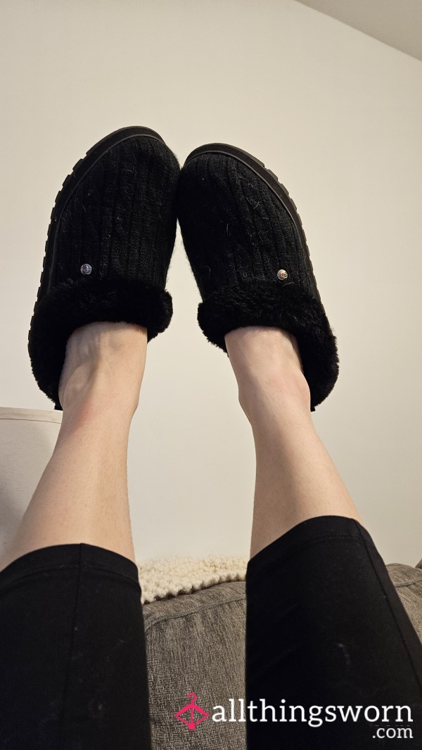 Black, Fuzzy, Cable Knit, Rubber Bottom, Slippers