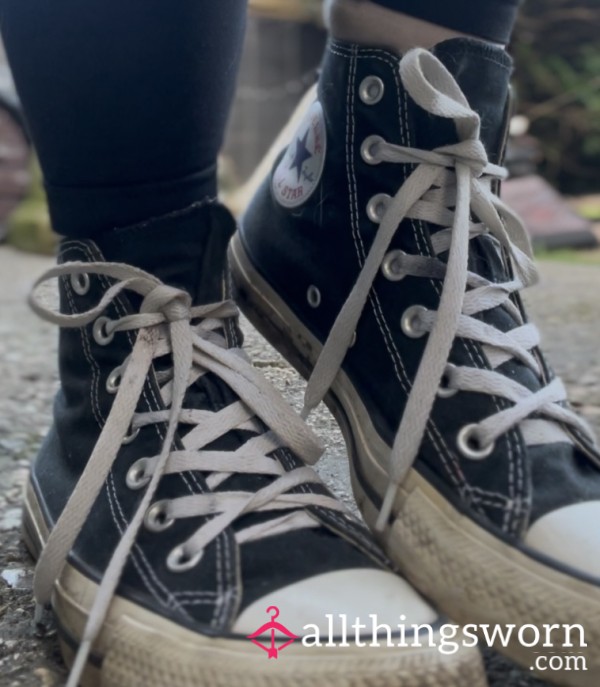 🖤 Black Hi Top Converse With 2 Min Video + Photos ♡ Very Worn ♡ Size 5 UK