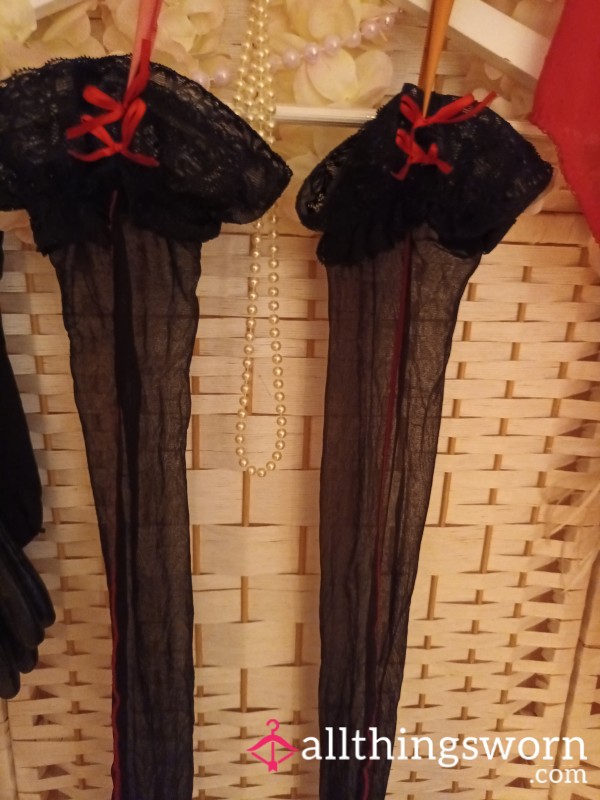 Beautiful Black Hold Up Stockings With Red Toes Heels Seams And Pretty Bows