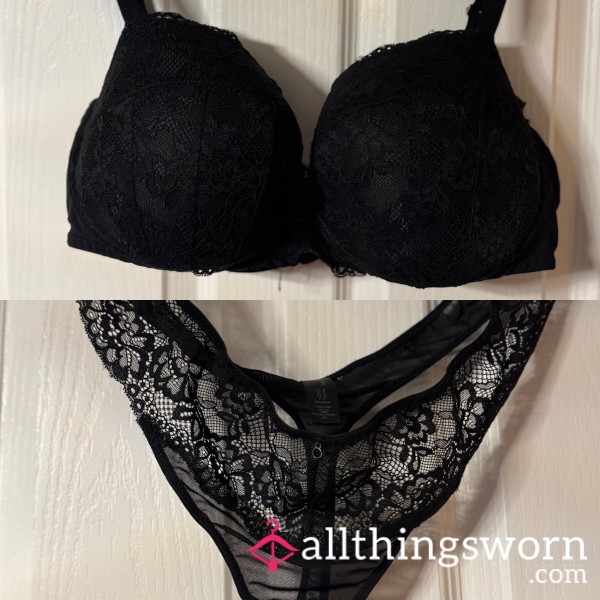 Black Lace 38G Bra & Sheer Thong Set