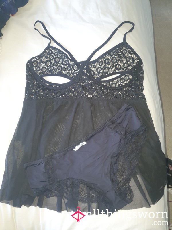 Black Lace And Mesh Lingerie Set With P**ping Nipples And Matching Panties-worn For You