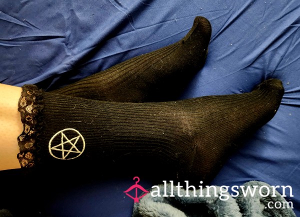 Black Lace Top Pentagram Crew Socks Worn By Alt MILF