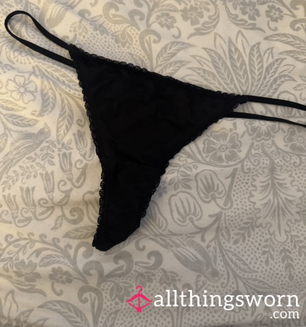 Black Lace Trim Silky String Thong