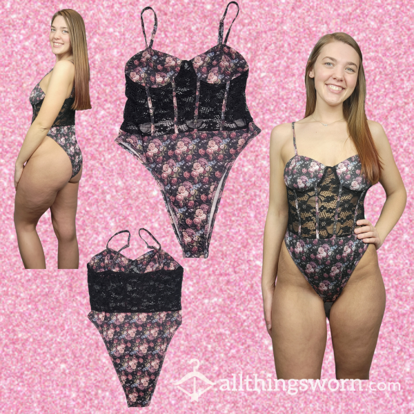 Black Lace/Pink And Purple Flor*l Bodysuit