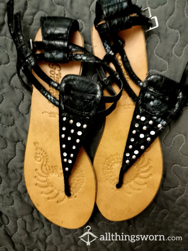 Black Leather And Stud Flat All Strap Between The Toes. Sandals. Well Worn. Really S**y And Sweaty £25 💯🔥🔥🔥