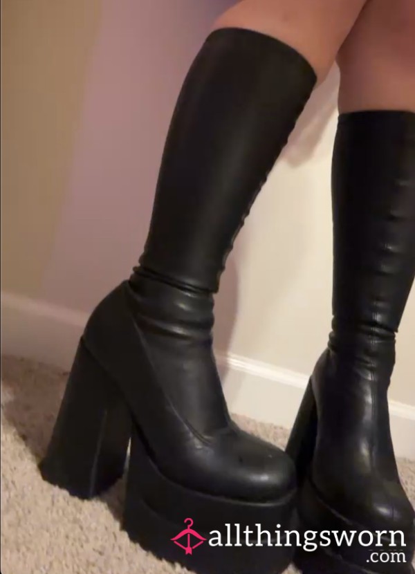 Black Leather Chunky Platform Heels