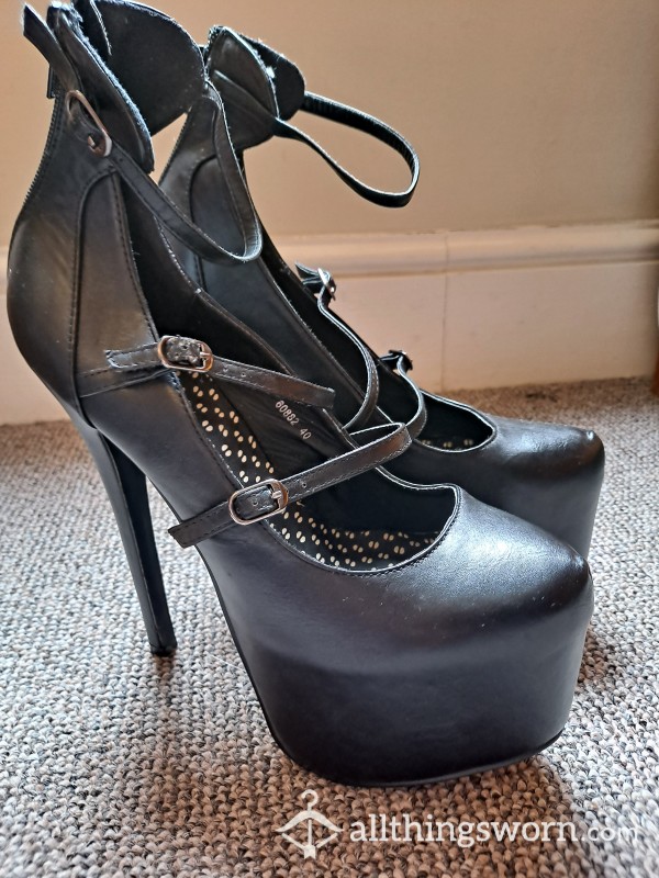 Black Leather Well Worn Domme Super High Platform Heels